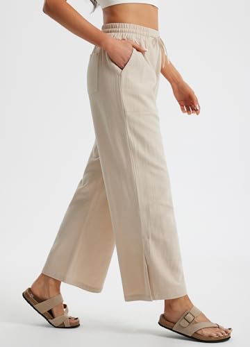 Libin Women's Global Recycled Standard Linen Wide Leg Side Slit Ankle Pants High Waist Drawstring Casual Palazzo Loose B