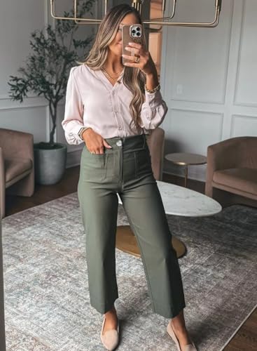 Miduo Womens High Waisted Cropped Wide Leg Stretchy Straight Pants Trousers with Pockets for Comfort and Fashion | Mid-L