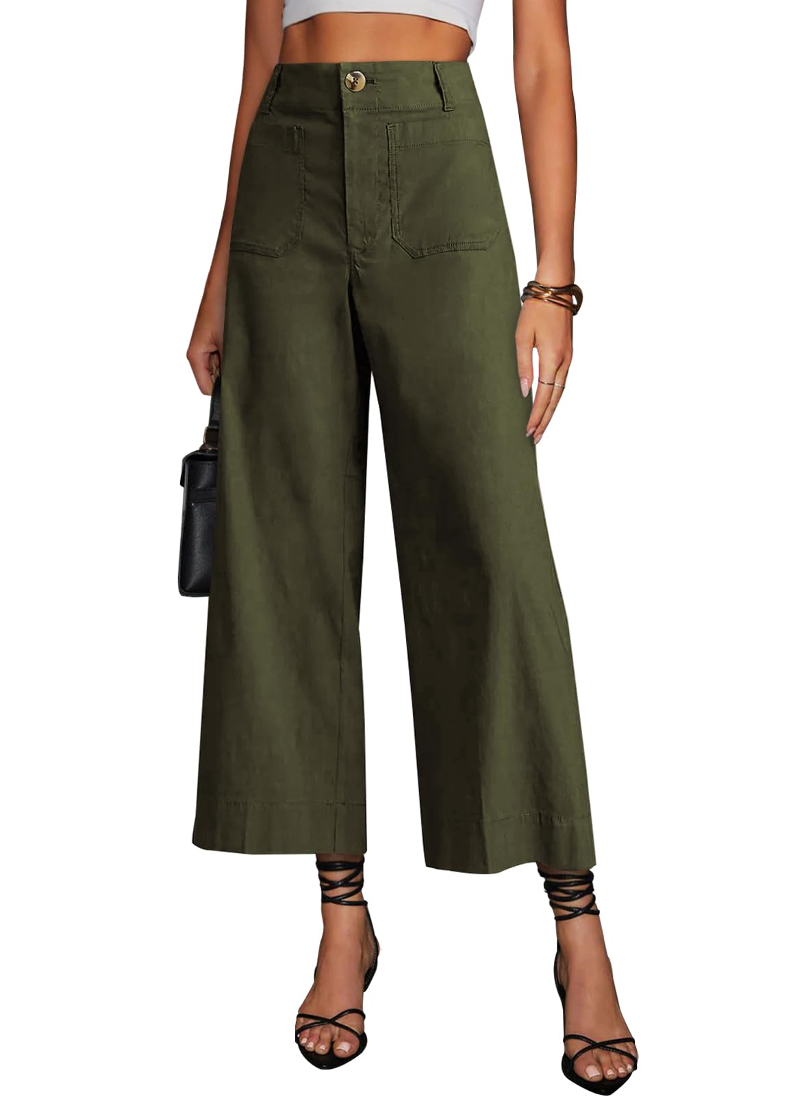 Miduo Womens High Waisted Cropped Wide Leg Stretchy Straight Pants Trousers with Pockets for Comfort and Fashion | Mid-L