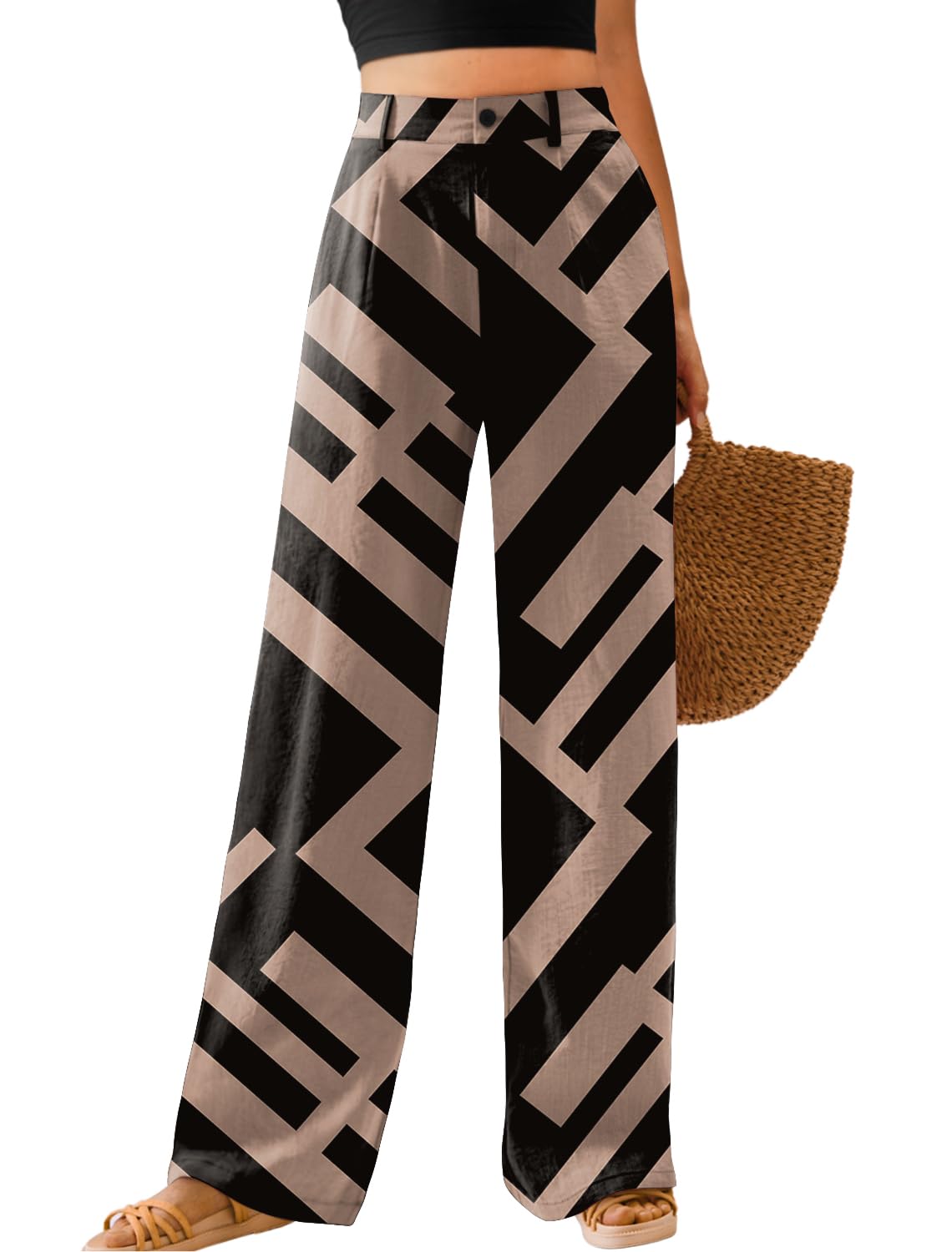 Feiersi Women's Casual Wide Leg Pants High Waisted Button Down Straight Long Trousers for Casual Wear and Comfort
| Fei