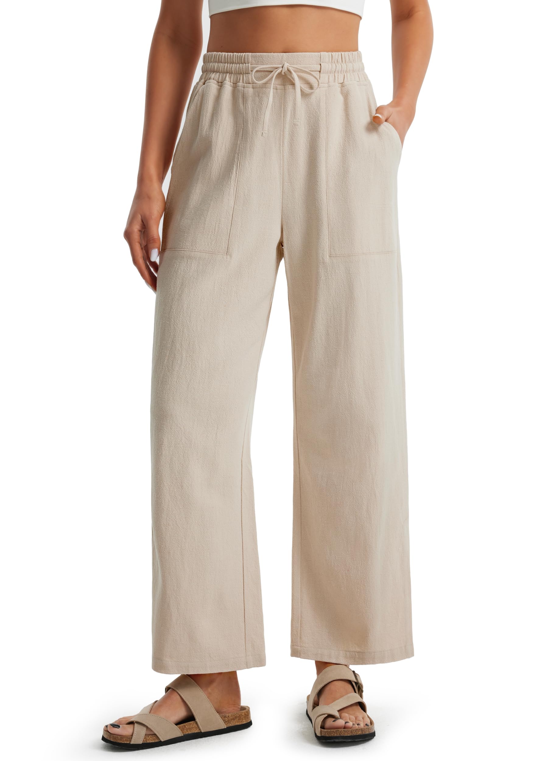 Libin Women's Global Recycled Standard Linen Wide Leg Side Slit Ankle Pants High Waist Drawstring Casual Palazzo Loose B