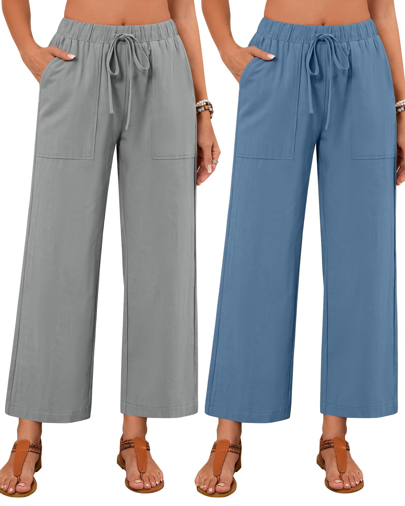 Neer 2 Pack Women’s Linen Pants with Pocket | Casual Summer Drawstring Beach Pants High Waisted Wide Leg Loose Palazzo T