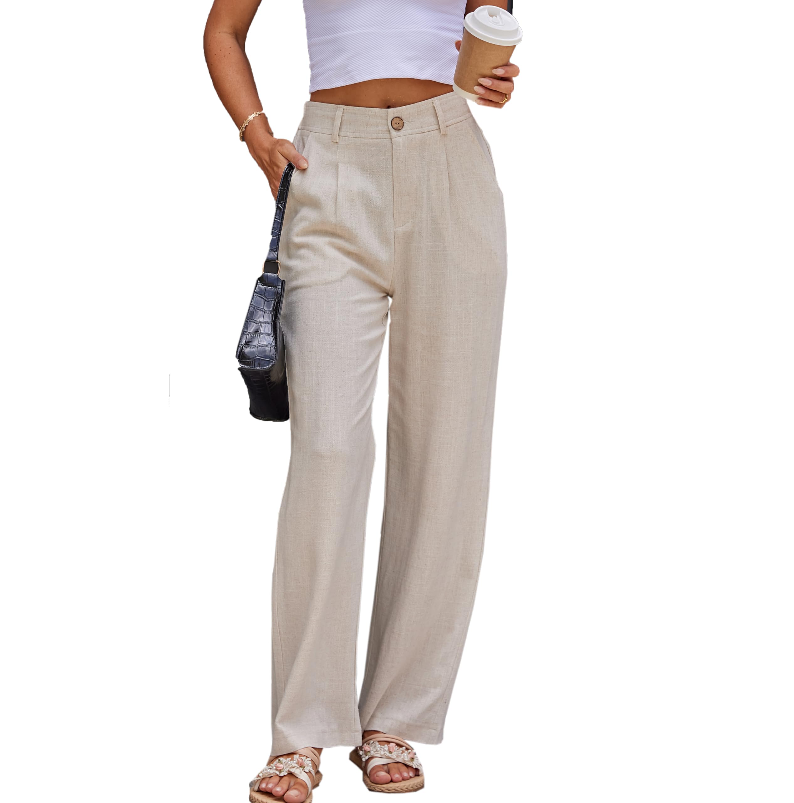 Fakanhui Women's Linen Dressy Work Casual Pants Summer Business Straight Wide Leg Cotton Linen Trouser Pants - Breathabl